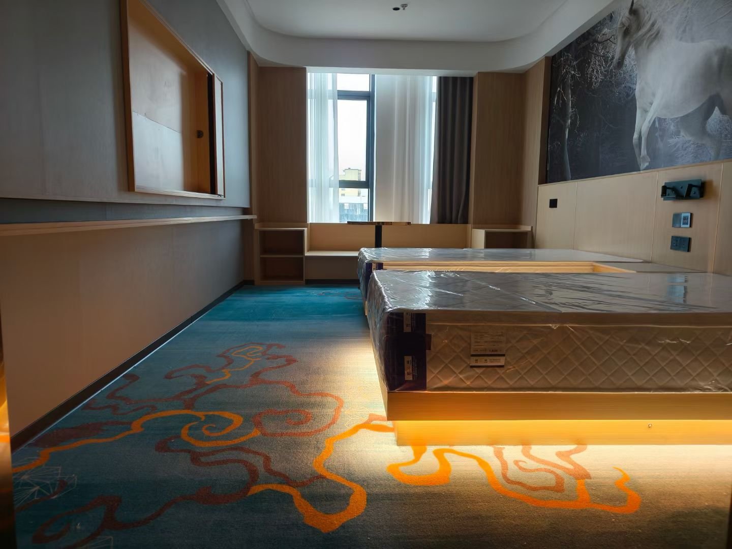 澜樾酒店客房地毯近景与床头壁画